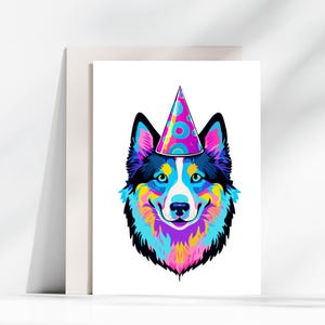 dog lover card, Party border collie with party hat card,  cheer up card, blank gift birthday card, greeting cards, colourful art  card