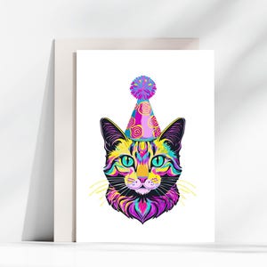 cat lover card, Party cat with party hat card,  cheer up card, blank gift birthday card, greeting cards, colourful art  card