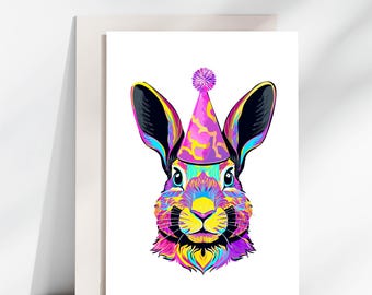 Carte d'amant de lapin, carte de lapin avec chapeau de fête, carte de réconfort, carte d'anniversaire vierge, Pâques, cartes de voeux, carte d'art colorée