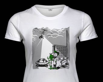 Girlz Fair Trade Silkscreen Shirt &quot;Aliens&quot; Slim-Fit White Green Black Cotton