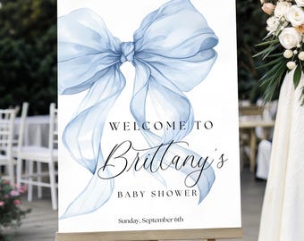 Blue Boy Shower Welcome Sign Baby Entrance Decor Watercolor Ribbon Poster Printable Template Editable Digital Display Bow Party Decor B101