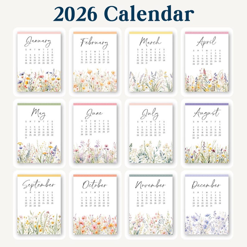 Watercolor Wildflower 2026 Desk Calendar | Floral Monthly Art • Office ...