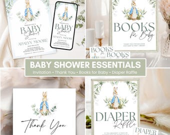 Peter Rabbit Invitation Baby Shower Suite Printable Boy Theme Storybook Celebration Predictions Card Bundle Books Deco Digital Download B108