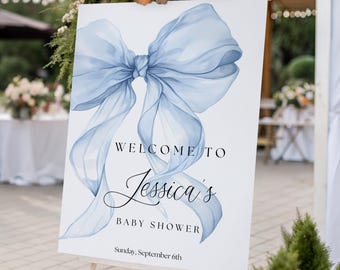 Baby Shower Sign Boy Welcome Blue Bow Entrance Poster Watercolor Ribbon Printed Celebration Greeting Banner Nursery Party Event Board B101