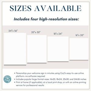 The image is a list of four high-resolution sizes available, including 24" x 36", 20" x 30", 18" x 24", and 16" x 20" sizes. It also provides instructions for personalizing a welcome sign using Cori's online platform, which requires no software and offers popular large-formats such as 16x20, 18x24, 20x30, and 24x36 inches. The image also mentions that the print can be done at home or at a local print shop, or with an online printing service for professional results.