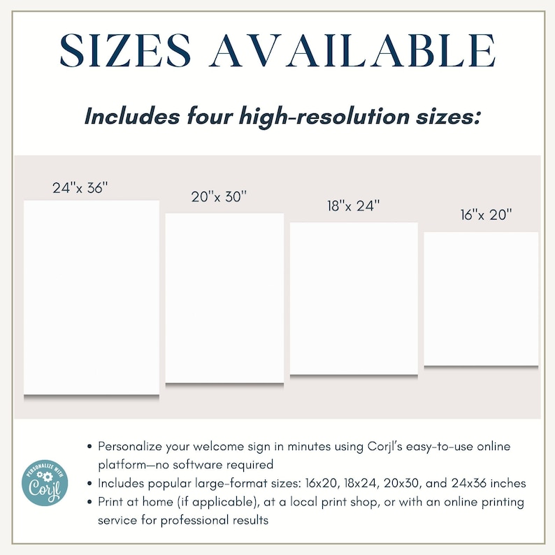 The image is a list of four high-resolution sizes available, including 24" x 36", 20" x 30", 18" x 24", and 16" x 20" sizes. It also provides instructions for personalizing a welcome sign using Cori's online platform, which requires no software and offers popular large-formats such as 16x20, 18x24, 20x30, and 24x36 inches. The image also mentions that the print can be done at home or at a local print shop, or with an online printing service for professional results.