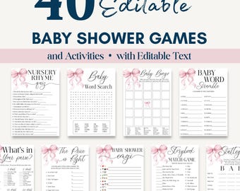 Juegos para baby shower con lazo rosa, paquete de juegos imprimibles para bebés, plantilla editable para descargar, actividades para fiestas de baby shower de niña, bingo para bebés imprimible B102