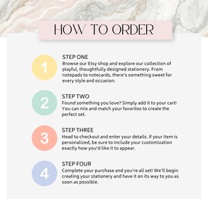 The image is a step-by-step guide on how to order items from an Etsy shop, providing instructions on browsing, adding items to a cart, checking out, and creating a personalized stationery set.