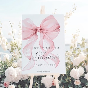 Printable Baby Girl Shower Welcome Sign Pink Ribbon Bow Theme Elegant Entrance Display Customizable Digital Download Template Party Greeting Banner Editable Text Options Nursery Event Celebration Beautiful Feminine Design Perfect Reception