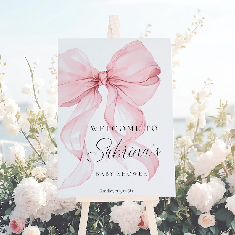 Printable Baby Girl Shower Welcome Sign Pink Ribbon Bow Theme Elegant Entrance Display Customizable Digital Download Template Party Greeting Banner Editable Text Options Nursery Event Celebration Beautiful Feminine Design Perfect Reception