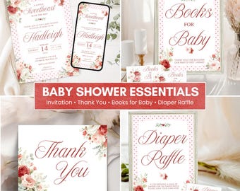 Paquete de invitaciones para baby shower imprimibles, suministros para fiestas, paquete de baby shower con lazo rosa de San Valentín, plantilla de descarga digital para celebración de niña B109