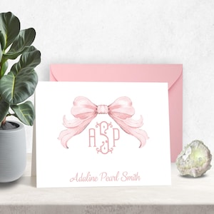 Vintage Pink Bow Notecard Set | Personalized Grandmillennial Note Card | Girls Stationery Gift | Coquette Bow Notecard | Pen Pal Gift | 1037