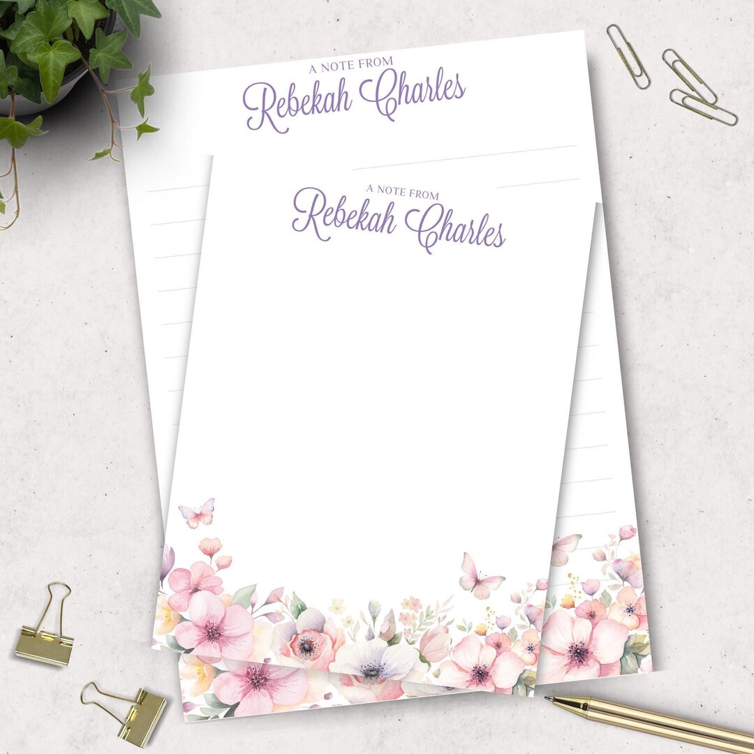 Personalized Notepad Butterfly Writing Pad Purple Floral Stationery ...