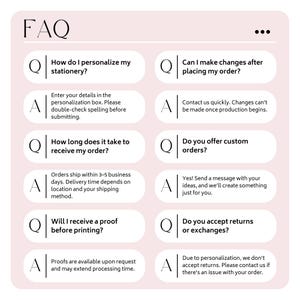 a series of questions and answers related to personalizing a stationery order, including details about the customization process, order receipt, and proof of order. The questions and answers are presented in a clear and concise manner, without redundancy or vague wording.