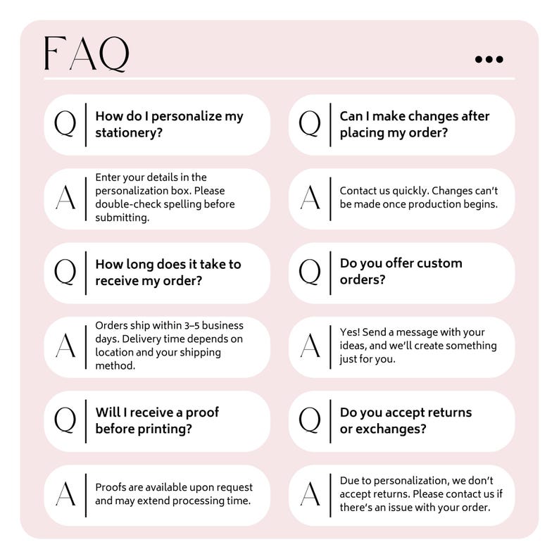 a series of questions and answers related to personalizing a stationery order, including details about the customization process, order receipt, and proof of order. The questions and answers are presented in a clear and concise manner, without redundancy or vague wording.