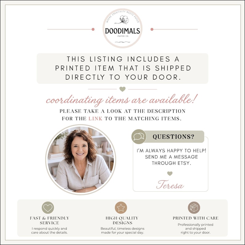 The image is a listing for a printed item that is being shipped directly to your door. It includes coordinating items available and a description for the link to the matching items.
