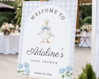 Letrero de bienvenida para baby shower, imprimible, póster de entrada para niño, plantilla editable, descarga digital, decoración para puerta de fiesta temática de Blue Goose B105