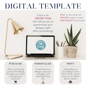 The image is an advertisement for a digital template service called Corj, which allows users to personalize their designs and create high-quality digital products online. It features a laptop, a lamp, a potted plant, and a photo of a plant, all arranged on a white background.