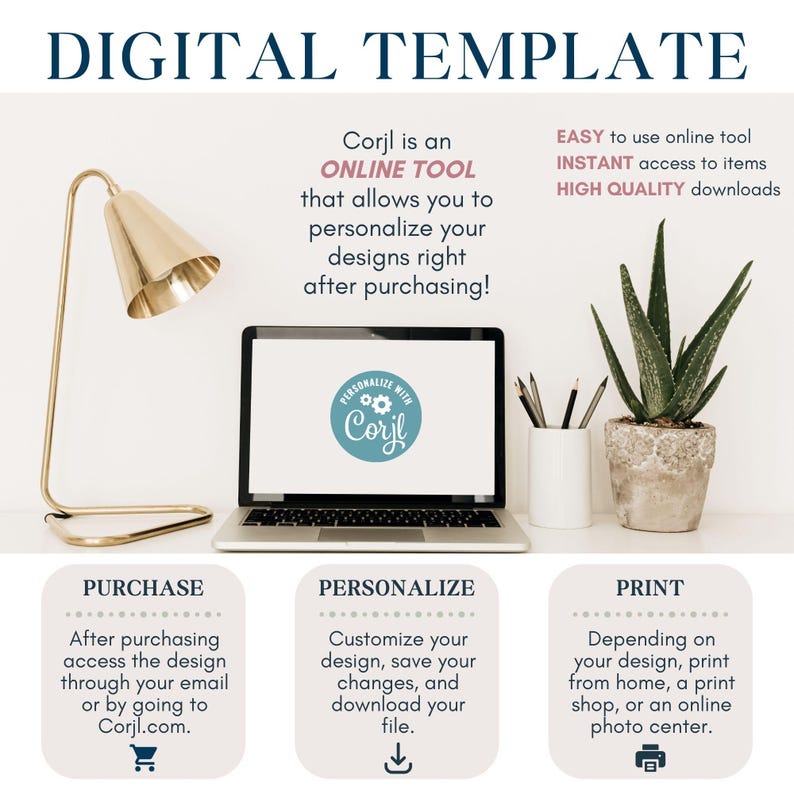 The image is an advertisement for a digital template service called Corj, which allows users to personalize their designs and create high-quality digital products online. It features a laptop, a lamp, a potted plant, and a photo of a plant, all arranged on a white background.