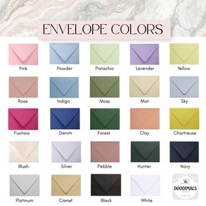 a collection of envelope colors, including pink, blue, green, purple, lavender, yellow, rose, indigo, moss, mist, sky, fuchsia, denim, forest, clay, chartreuse, navy, silver, peble, hunter, and navy.