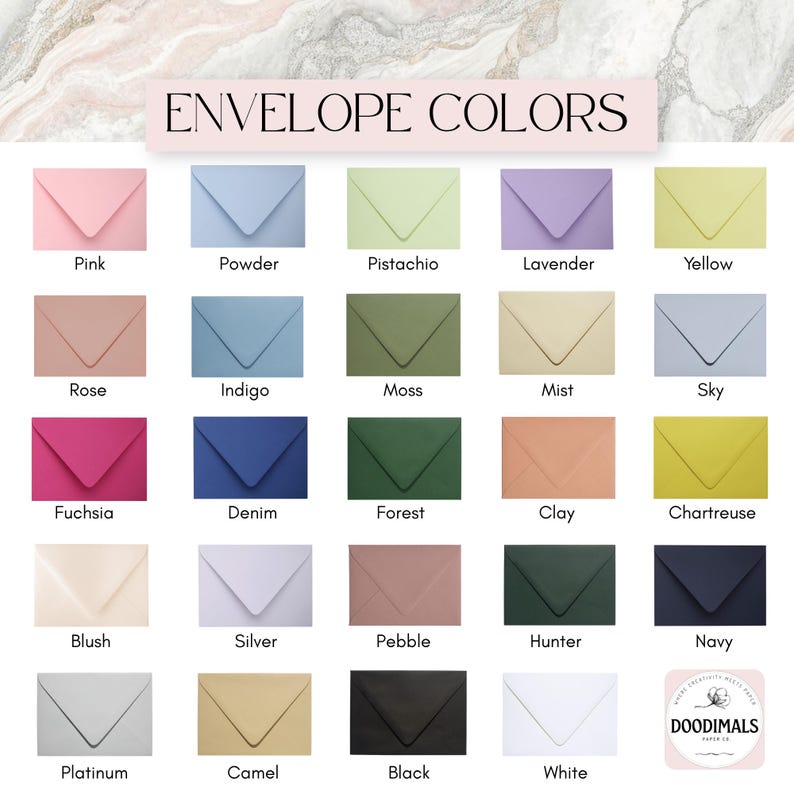 a collection of envelope colors, including pink, blue, green, purple, lavender, yellow, rose, indigo, moss, mist, sky, fuchsia, denim, forest, clay, chartreuse, navy, silver, peble, hunter, and navy.