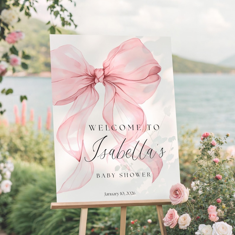 Greeting Banner Baby Shower Welcome Sign Digital Download Printable Pink Bow Ribbon Theme Customizable Entrance Display Party Event Template Editable Text Options Girl Celebration Signage Elegant Feminine Design Nursery Reception Essential