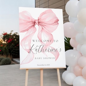 Baby Shower Welcome Sign Printable Girl Theme Pink Bow Ribbon Design Customizable Party Entrance Display Digital Download Template Editable Greeting Banner Nursery Event Celebration Elegant Feminine Style Personalized Text Options Beautiful