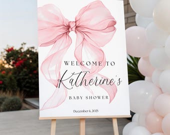 Pink Bow Baby Shower Welcome Sign Printable Display Greeting Banner Entrance Display Bow Poster Customizable Pink Ribbon Sign Nursery B102