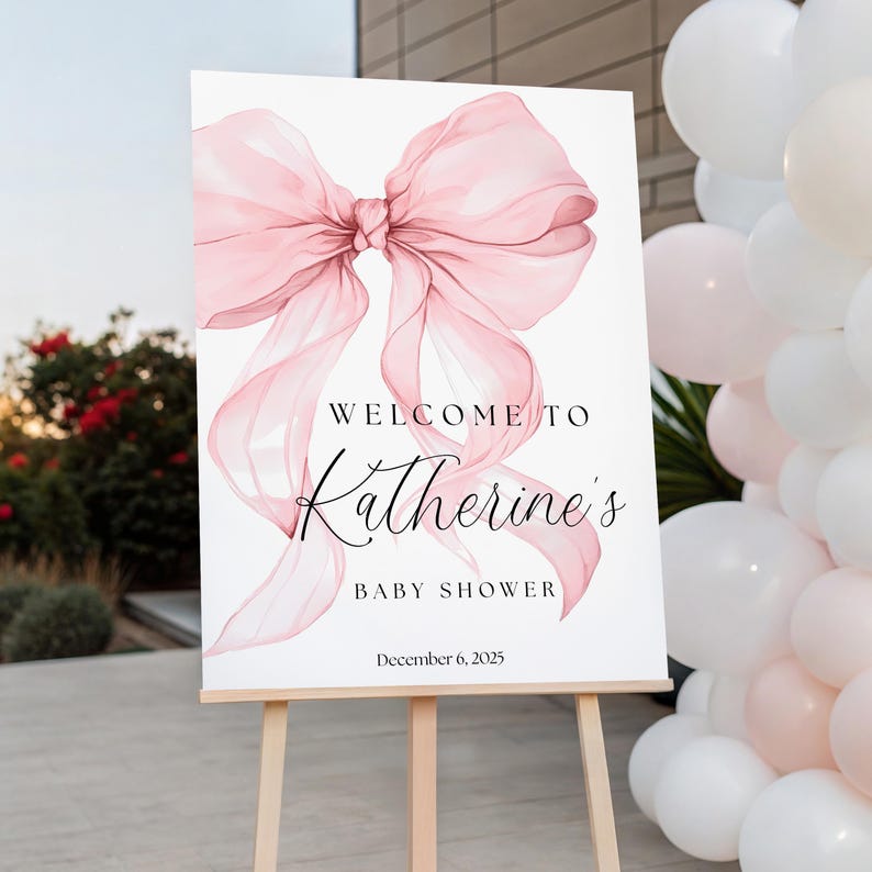 Baby Shower Welcome Sign Printable Girl Theme Pink Bow Ribbon Design Customizable Party Entrance Display Digital Download Template Editable Greeting Banner Nursery Event Celebration Elegant Feminine Style Personalized Text Options Beautiful