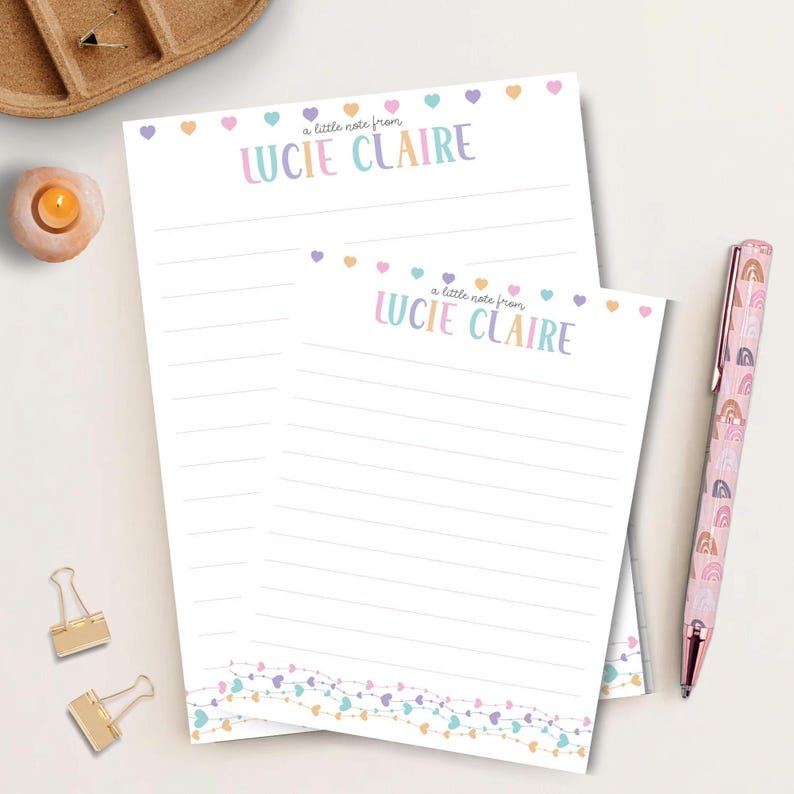Writing Collection Set Personalized Notepad Design Custom Name Feature Rainbow Heart Pattern Watercolor Illustration Style Quality Paper Material Desk Organization Tool Creative Expression Aid School Supply Essential Colorful Stationery