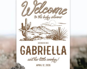 Letrero de bienvenida para baby shower, personalizable, con caballete, imprimible, póster de entrada para guardería con temática del Oeste, telón de fondo para fiesta temática del Pequeño Vaquero, desierto B110
