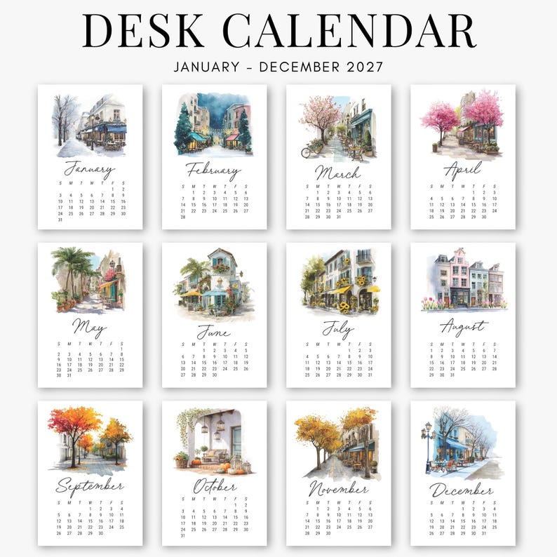 Puede incluir: Un calendario de escritorio para 2027 con doce p&aacute;ginas mensuales, cada una con una ilustraci&oacute;n &uacute;nica en acuarela de escenas callejeras europeas y paisajes estacionales, con el texto DESK CALENDAR JANUARY - DECEMBER 2027 arriba.