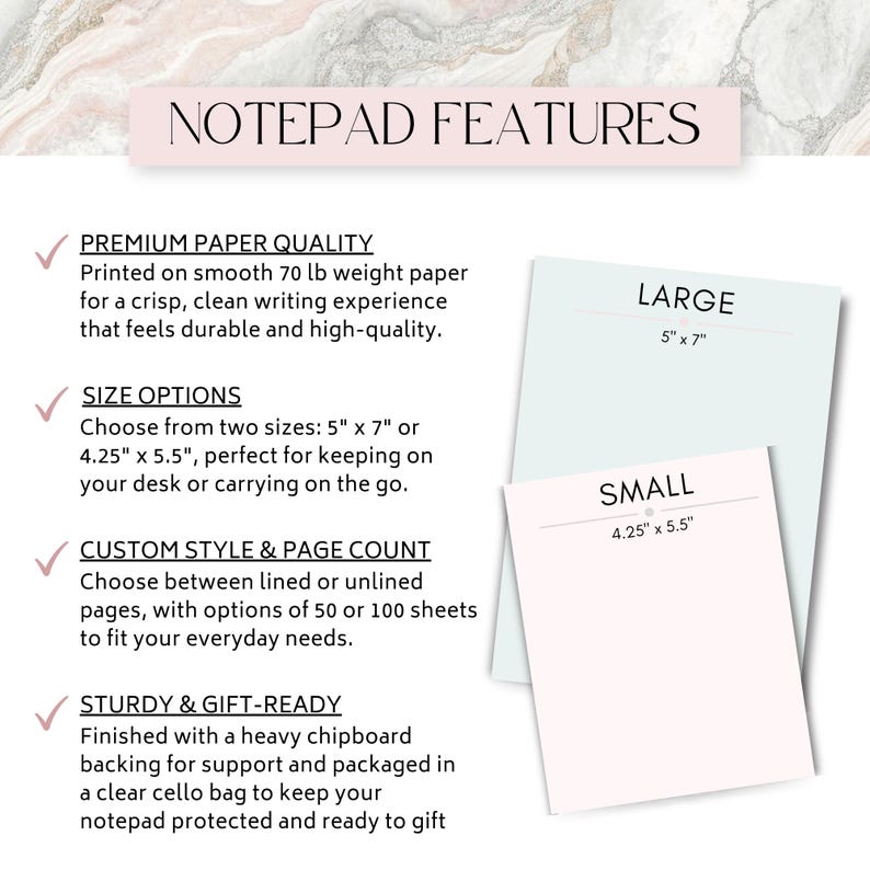 a notebook with various features such as premium paper quality, size options, custom style and page count, and a sturdy and gift-ready finish.