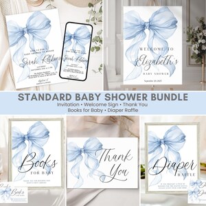 May include: A baby shower bundle with invitations, a welcome sign, thank you cards, books for baby, and diaper raffle cards. Each item features a light blue watercolour bow design. The invitation includes the text "Join us for a baby shower to honour Sarah Robbins."