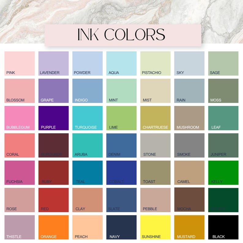 a grid of various ink colors, including pink, lavender, powder, aqua, pistachio, sky, sage, and more, arranged in a visually appealing manner.