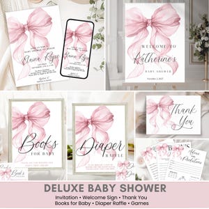 May include: A selection of baby shower stationery featuring a pink bow design. Includes invitations, a welcome sign, thank you cards, and games. The text includes "Welcome to Katherine's Baby Shower" and "Books for Baby".