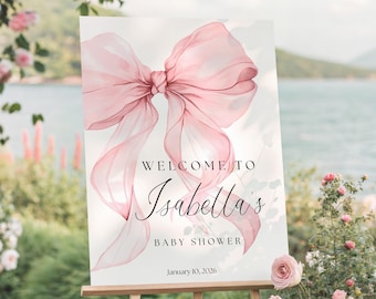 Bow Welcome Sign Baby Shower Entrance Display Pink Girl Celebration Greeting Personalized Template Printable Customizable Party Banner B102