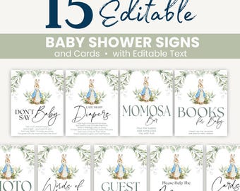 Baby Shower Signs Editable Baby Welcome Signs Boy Baby Shower Printable Peter Rabbit Boy Nursery Blue Celebration Party Signage Digital B108