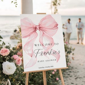 Baby Girl Celebration Welcome Sign Entrance Display Printable Pink Bow Theme Customizable Greeting Banner Digital Download Template Party Event Signage Editable Text Options Elegant Ribbon Design Nursery Shower Essential Beautiful Feminine