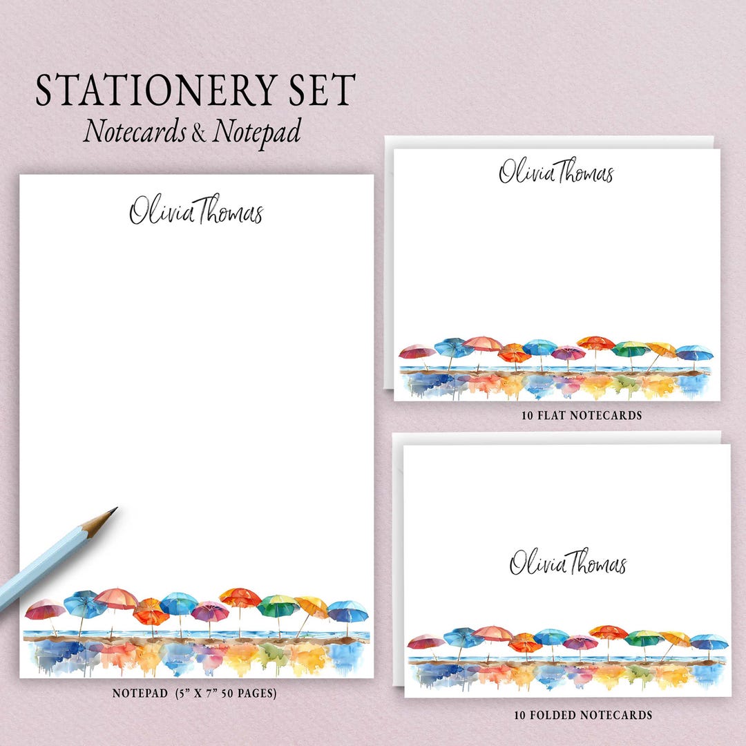 Personalized Beach Stationery | Watercolor Umbrella Notepad | Beach ...