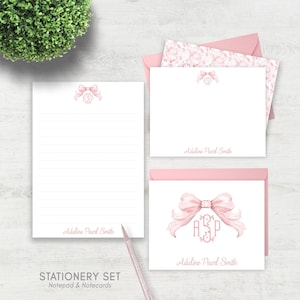 Vintage Pink Bow Stationery Set | Grandmillennial Girls Note Cards | Girls Stationery | Elegant Coquette Bow Notepad | Pen Pal Gift | 1037