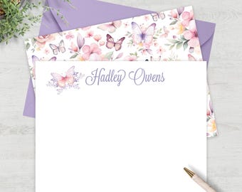 Personalized Butterfly Stationery Set Gift for Her Name Card Writing with Envelopes Matching Design Features Butterfly Floral Pattern 1022
