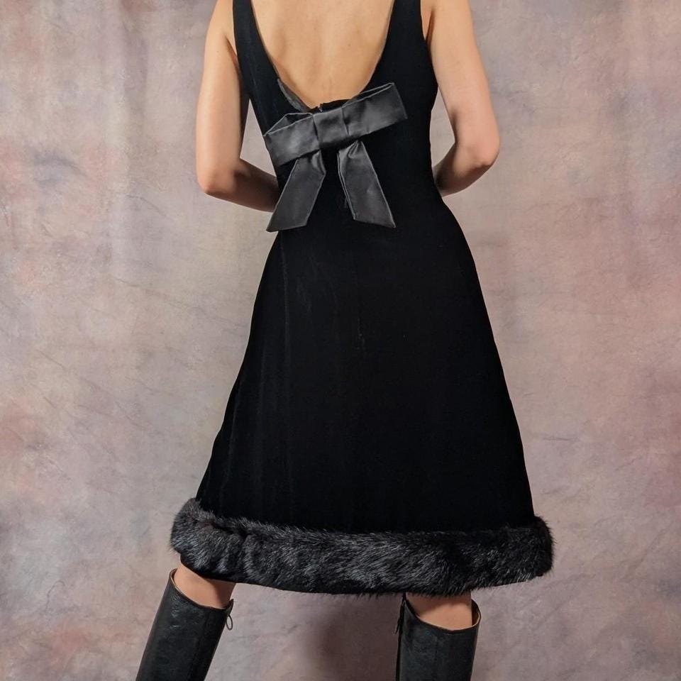 Vintage Fur Trim Black Dress - Etsy Vintage Fur Trim Black Dress - Etsy