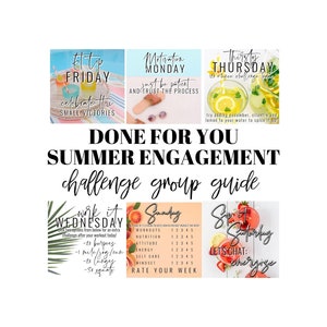 May include: A colorful graphic with text and images for a summer engagement challenge group. The graphic includes images of lemons, oranges, and a glass of water. The text includes the days of the week, such as "Fit-Tip Friday", "Motivation Monday", and "Thirsty Thursday".