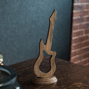 Miniature wood guitar sculpture, personalized guitar statue, music lover gift, art gift for guitarist, abstract guitar figurine on stand