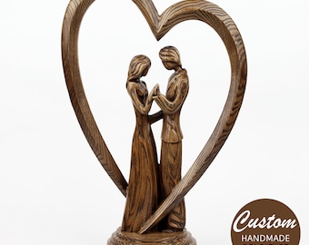 Wedding Anniversary gift for Wife, 5th Anniversary Gift for Her, Wooden Couple under Heart Arch Statue, Custom Engraved Sculpture, Wood Art