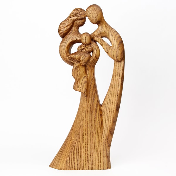 Parents With Child Figurine, Couple With Newborn Statue, Gifts for New Parents, Gifts for Parents, Wood Family Sculpture, Mom, Dad and Baby