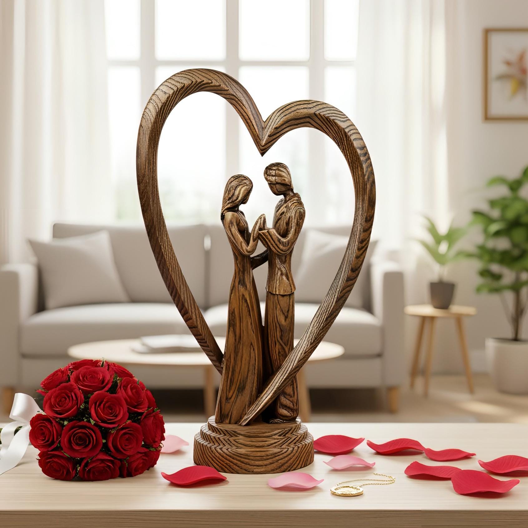 Romantic Wooden Couple Statue – Hand Carved Heart Art, Unique Gift
