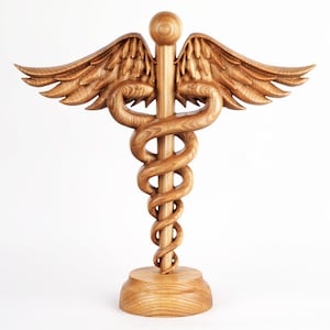 Caduceus Sculpture, 12&quot; Medical Symbol Statue, Hand Carved Handmade Figurines, Gift for Doctor, Medicine Sculpture, Wooden Craft Statue