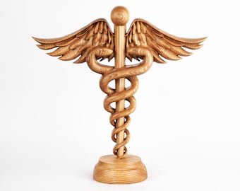 Caduceus Sculpture, 12" Medical Symbol Statue, Hand Carved Handmade Figurines, Gift for Doctor, Medicine Sculpture, Wooden Craft Statue